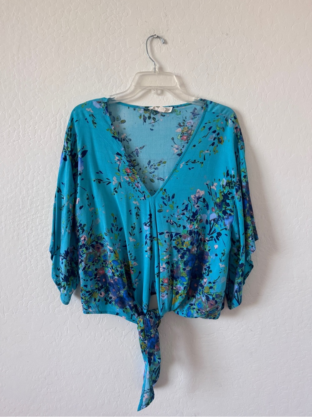lovestitch Turquoise Floral Tie-Front V-Neck Top
